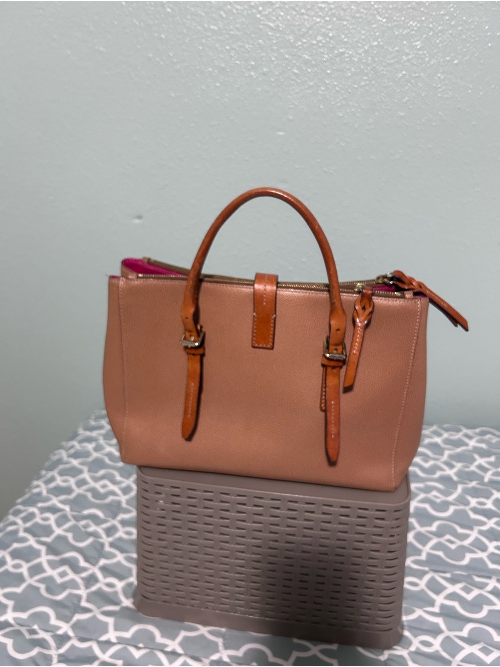 Dooney & Bourke Tan Pebbled Satchel with Pink Interior and Brown Handles - Picture 3 of 6